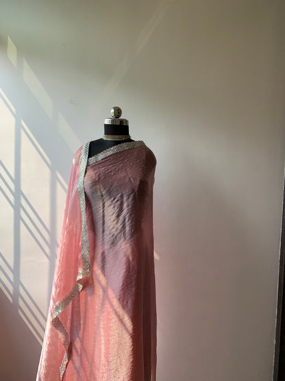 Pink Glass Tissue Saree With Sequin Work Border And Unstitched Blouse Piece