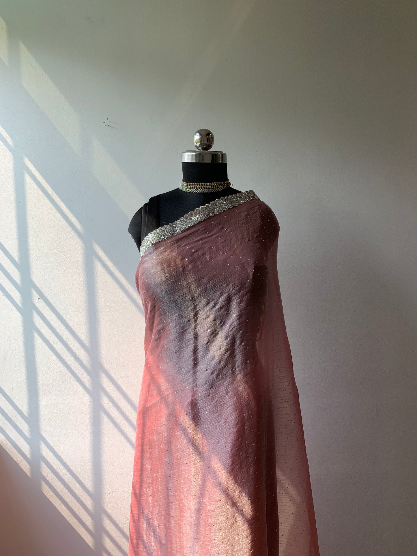 Pink Glass Tissue Saree With Sequin Work Border And Unstitched Blouse Piece