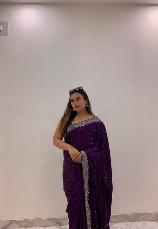 Purple Satin Saree With Stone Work And Unstitched Blouse Piece