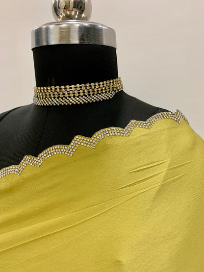 Citrine Yellow Satin Saree With Swarovski Embellishments And Unstitched Blouse Piece