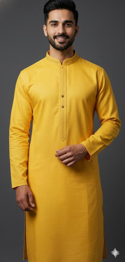 "Suraj" Radiant Yellow Embroidered Kurta with White Churidar Set