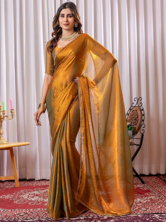 Gold Solid Silk Blend Saree with Unstitched Blouse