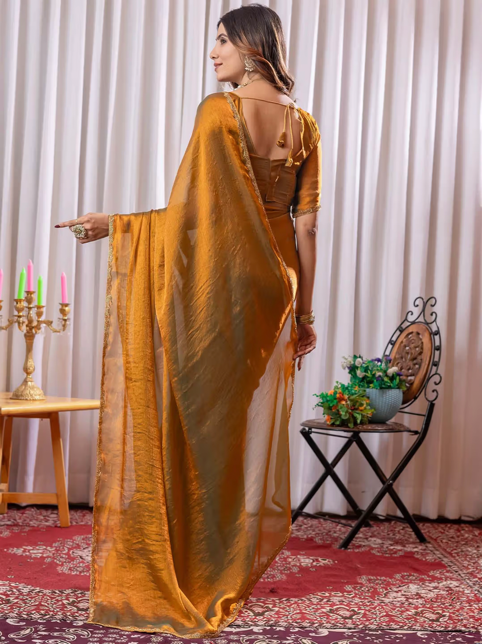 Gold Solid Silk Blend Saree with Unstitched Blouse