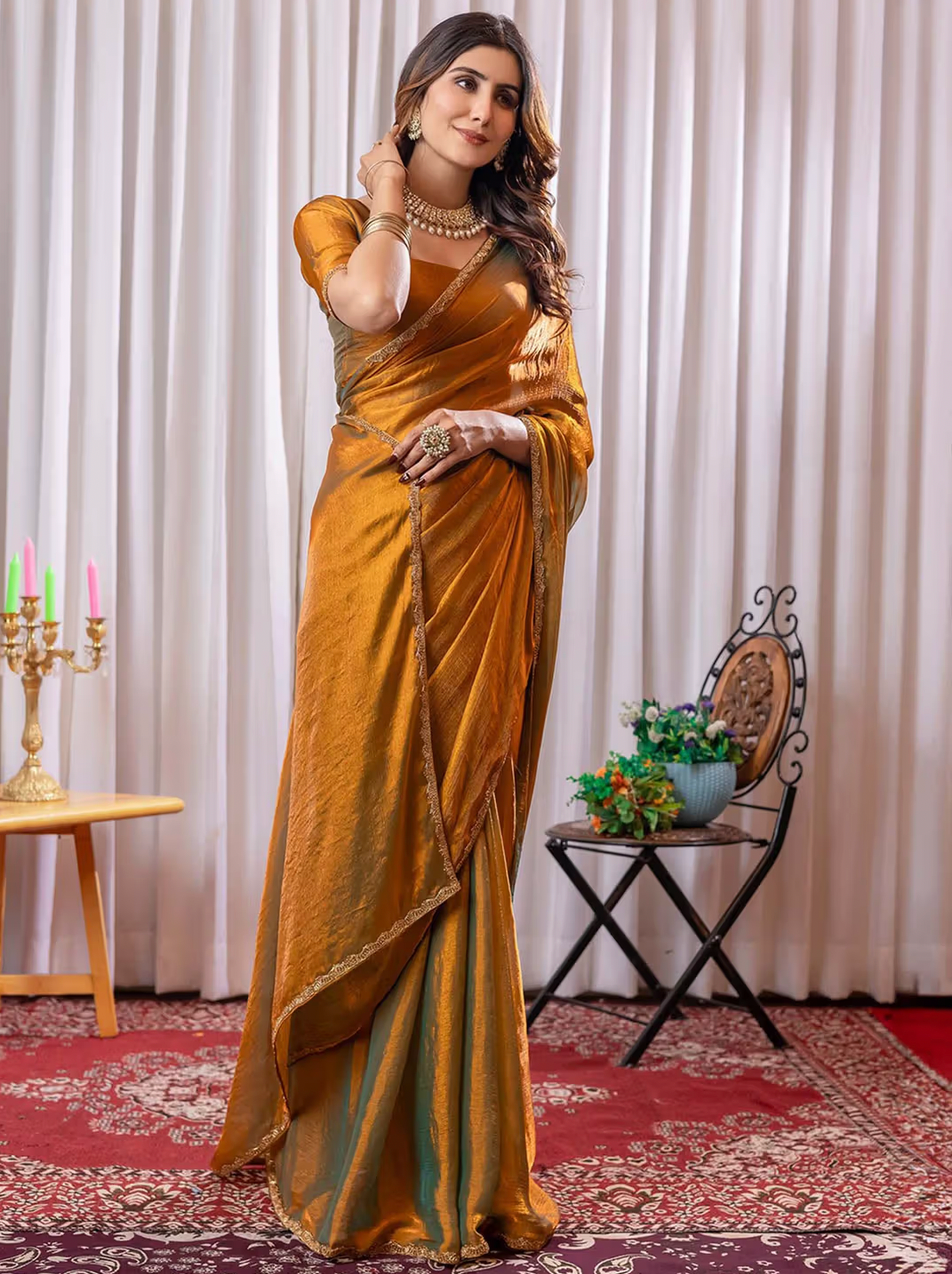 Gold Solid Silk Blend Saree with Unstitched Blouse