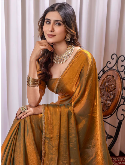 Gold Solid Silk Blend Saree with Unstitched Blouse