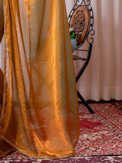 Gold Solid Silk Blend Saree with Unstitched Blouse