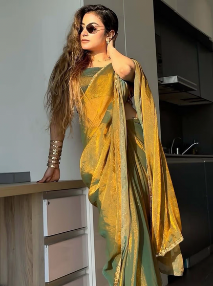 Green Gold Solid Saree with Unstitched Blouse