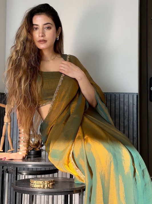 Green Gold Solid Saree with Unstitched Blouse