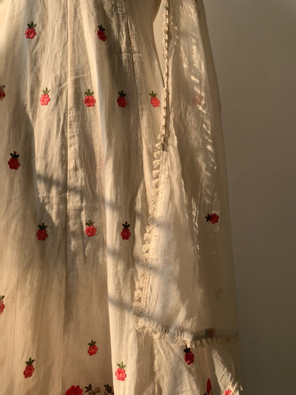 White Cotton Suit Set With Floral Work